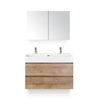 Maxx XL Badmeubelset 100 cm - Natuur Eiken - Wastafel Kube 2 kraangaten - met Spiegelkast