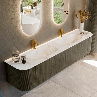 Badmeubel Mondiaz Kurve-Dlux | 200 cm cm | Meubelkleur Shadow | Wastafelkleur Frappe | Solid surface | Wasbak beiden zijden spoelbak | 2 kraangaten