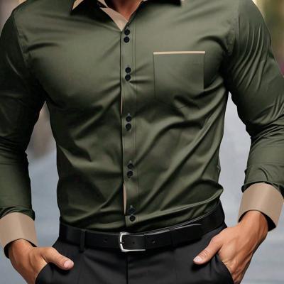 Bon&Bon Men's Khaki Casual Shirt - Long Sleeve Colorblock Polyester Army Green / XL