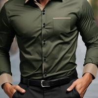 Bon&Bon Men's Khaki Casual Shirt - Long Sleeve Colorblock Polyester Army Green / XL