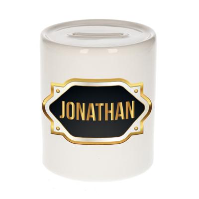Spaarpot met voornaam Jonathan - wit - goud/zwart embleem - 8 x 9 cm - keramiek - afsluitdop Spaarpot met voornaam Jonathan - wit - goud/zwart embleem - 8 x 9 cm - keramiek - afsluitdop