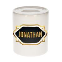 Spaarpot met voornaam Jonathan - wit - goud/zwart embleem - 8 x 9 cm - keramiek - afsluitdop