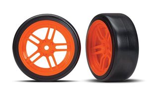 Traxxas - Tires and wheels, assembled, glued (split-spoke orange wheels, 1.9" Drift tires) (front) (TRX-8376A)