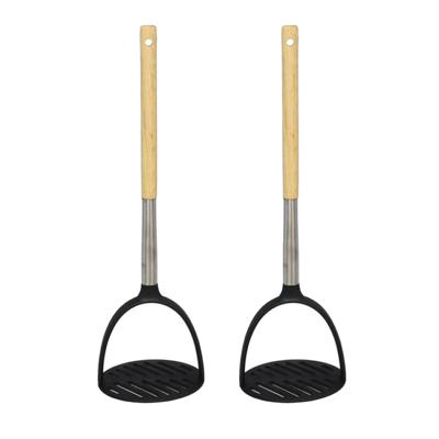 Aardappelstamper/pureestamper - 2x - kunststof/hout - keuken gerei - 32 cm