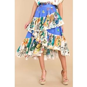 Dames Rok Schommel Polyester Midi Blauw Rokken Geplooid Ruche Meerlaags Casual / Dagelijks Modieus S M L