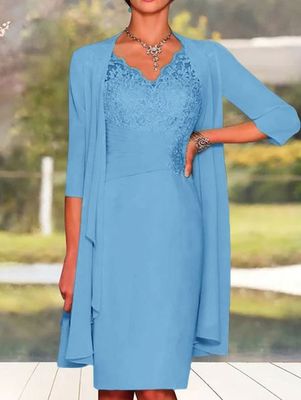 Elegant Plain Lace Stitching Vest Knitted Dress & Cardigan Two-piece Set