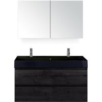 Maxx XL Badmeubelset 120 cm - Black Oak - Wastafel Kube Enkel Zwart 2 Kraangaten met Spiegelkast