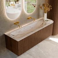 Badmeubel Mondiaz Kurve-Dlux | 145 cm | Meubelkleur Walnut | Wastafelkleur Nata | Solid surface | Wasbak linker zijde spoelbak | Zonder kraangat(en)