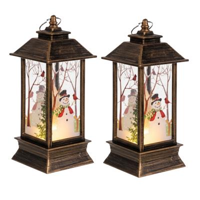 Ruhhy Kerstlantaarn - 2x - goud/zwart - 12 x 5 cm - kunststof - LED licht - lantaarn