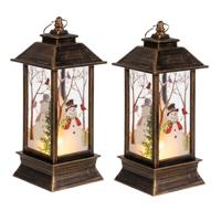 Ruhhy Kerstlantaarn - 2x - goud/zwart - 12 x 5 cm - kunststof - LED licht - lantaarn