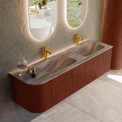 Badmeubel Mondiaz Kurve-Dlux | 155 cm | Meubelkleur Ruby | Wastafelkleur Oza | Solid surface | Dubbel / Rechts spoelbak | 2 kraangaten