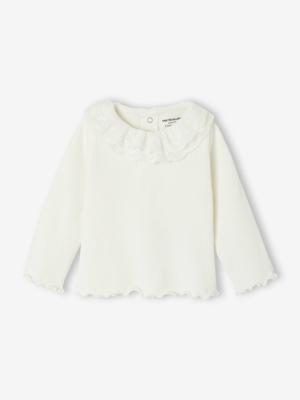 T-shirt baby met lange mouwen en geborduurde kraag ecru