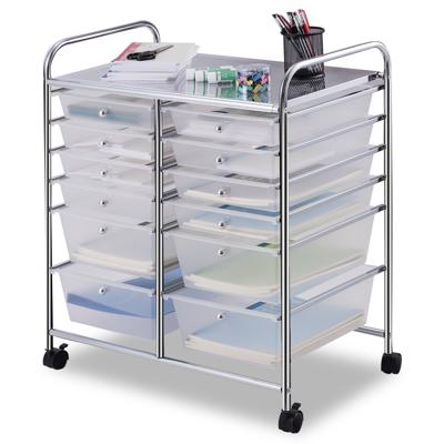 Rolwagen met 12 Stapelbare Laden Ladewagen Rolcontainer met Legplank Opbergwagen voor Kantoor Woonkamer (Transparant/Geel/Zwart)