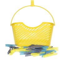 24x gekleurde wasknijpers in hangmandje - geel - kunststof - 17 x 19 x 11.5 cm - wassen - ophangen -