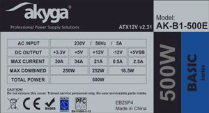 Akyga AK-B1-500E power supply unit 500 W 20+4 pin ATX ATX Grijs