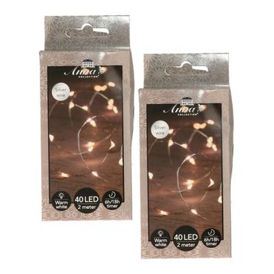 Draadverlichting lichtsnoer - 2x - 40 led lampjes - warm wit - zilver draad - 200 cm - lichtdraad