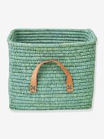Raffia mand met muntkleurige leren handgrepen rice mintgroen