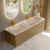 Badmeubel Mondiaz Kurve-Dlux | 155 cm | Meubelkleur Dusk | Wastafelkleur Nata | Solid surface | Dubbel / Links spoelbak | 2 kraangaten