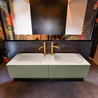 Badkamermeubelset Mondiaz Erin 150 cm met 2 Lades met RIDGE Wastafel Dubbel Linen met 2 kraangaten Greeploos Mat Army