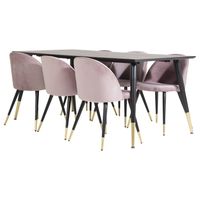 Dipp180x90BLBR eethoek eetkamertafel zwart en 6 Velvet eetkamerstal velours roze, zwart, messing decor.