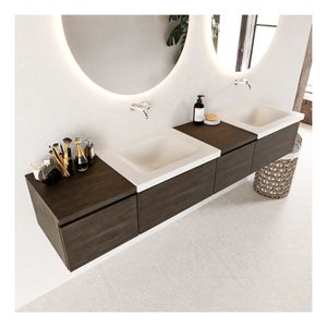 Mondiaz Bukla 200cm badmeubel met module 40 rechts dark brown 4 lades met wastafel dubbel zonder kraangat kleur talc