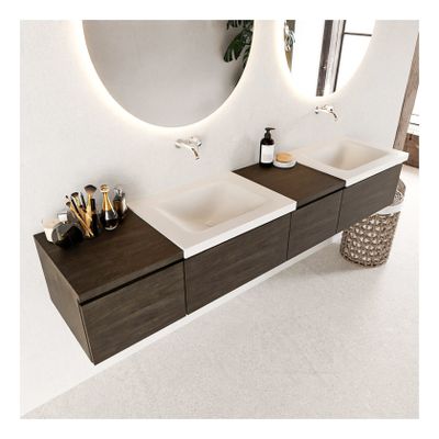 Mondiaz Bukla 200cm badmeubel met module 40 rechts dark brown 4 lades met wastafel dubbel zonder kraangat kleur talc