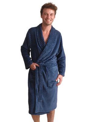 Blauwe heren badjas met blokjes - fleece-l