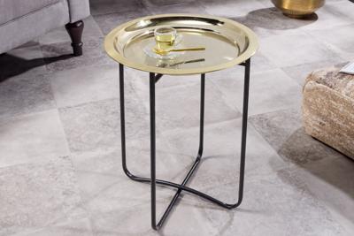 Ronde bijzettafel CASABLANCA 50cm messing goud zwart dienblad uitneembaar opvouwbaar - 44353