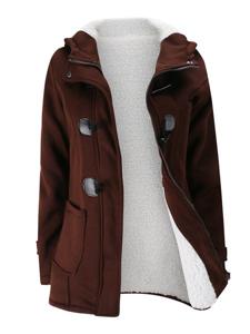 Women Horn Button Coton Fleece Hooded Duffle Coat