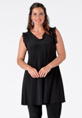 Yoek Singlet wide bottom ruffle | Zwart | Maat Plus