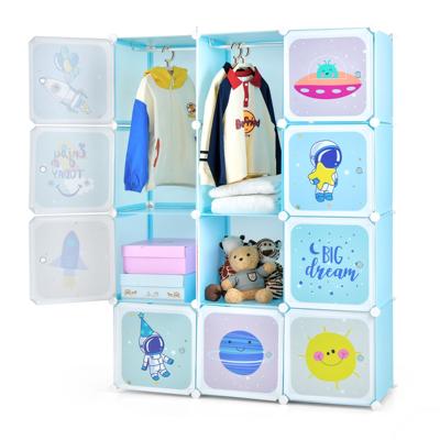 Kledingkast voor Kinderen Babykledingkast met 2 Hanggedeeltes & 12 Kubussen Leuke Cartoon Ladekast voor Kinderkamer Speelkamer