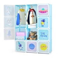 Kledingkast voor Kinderen Babykledingkast met 2 Hanggedeeltes & 12 Kubussen Leuke Cartoon Ladekast voor Kinderkamer Speelkamer