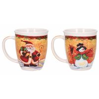 Set van 2x stuks kerstmokken sneeuwpop met zwarte hoed en kerstman met cadeautjes 11 cm