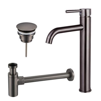 Fortifura Calvi Wastafelkraanset - verhoogde wastafelkraan - always open plug - design sifon - Geborsteld Gunmetal PVD SW766541/SW769487/SW767297