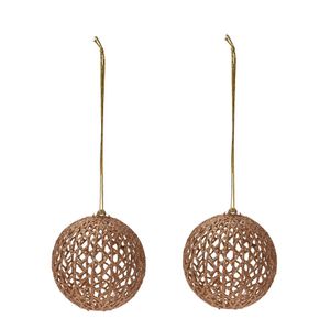 2x Gouden glitter draad/rotan look kerstballen kunststof 9 cm