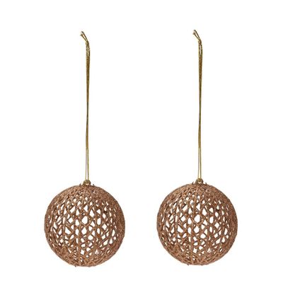 2x Gouden glitter draad/rotan look kerstballen kunststof 9 cm