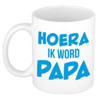 Hoera ik word papa cadeau mok / beker wit met blauwe letters 300 ml - feest mokken - thumbnail