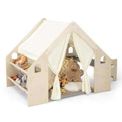 Houten Binnenspeeltent voor Kinderen 6 in 1 Schoolbord Tafel Stoel 6 Opbergbakken Vloerkussen Speelhuis met Houten Frame en Gordijnen