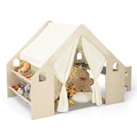Houten Binnenspeeltent voor Kinderen 6 in 1 Schoolbord Tafel Stoel 6 Opbergbakken Vloerkussen Speelhuis met Houten Frame en Gordijnen Houten Binnenspeeltent voor Kinderen 6 in 1 Schoolbord Tafel Stoel 6 Opbergbakken Vloerkussen Speelhuis met Houten Frame en Gordijnen