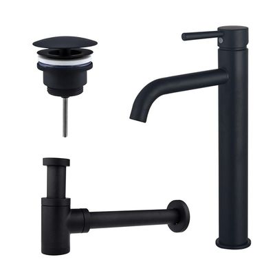 Fortifura Calvi Wastafelkraanset - verhoogde wastafelkraan - always open plug - verlaagde design sifon - Mat zwart SW377834/SW696205/SW696215