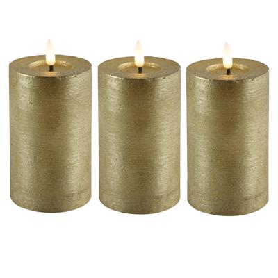 LED kaars/stompkaars - 3x - goud - D7,5 x H12,5 cm - timer - warm wit