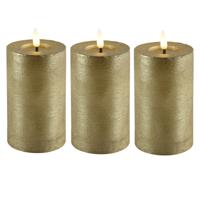 LED kaars/stompkaars - 3x - goud - D7,5 x H12,5 cm - timer - warm wit