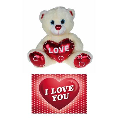 Kruger Pluche knuffelbeer - 25 cm - wit/rood - Valentijn Love hartje - hartjes wenskaart
