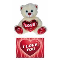 Kruger Pluche knuffelbeer - 25 cm - wit/rood - Valentijn Love hartje - hartjes wenskaart