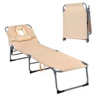 Zonneligstoel met Hoofdsteun Inklapbare Ligstoel Strandstoel met 5 Verstelbare Rugleuning (Beige)