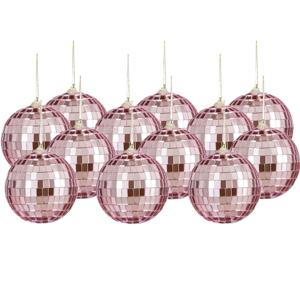 Disco kerstballen - 12x stuks - roze - 8 cm - foam - spiegelbol/discobol