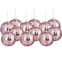 Disco kerstballen - 12x stuks - roze - 8 cm - foam - spiegelbol/discobol - thumbnail