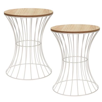 2x stuks bijzettafels rond metaal/hout wit D30 x H40 cm