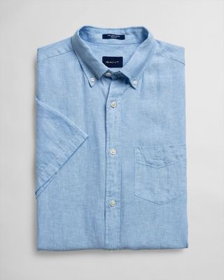 Gant Heren Overhemd Lichtblauw Linnen Borstzakje Korte Mouw Regular Fit Gant Heren Overhemd Lichtblauw Linnen Borstzakje Korte Mouw Regular Fit