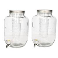 Glazen drank dispenser/limonadetap - 2x - met kraantje - 4 liter - met fruit infuser - waterdispense
